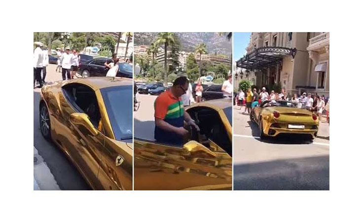 بالفيديو اندهاش المارة في فرنسا من سيارة فيراري مطلية بالذهب يمتلكها امير سعودي