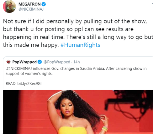 نيكي ميناج تستفز السعوديين بتغريدة عن مدى تأثيرها في السعودية